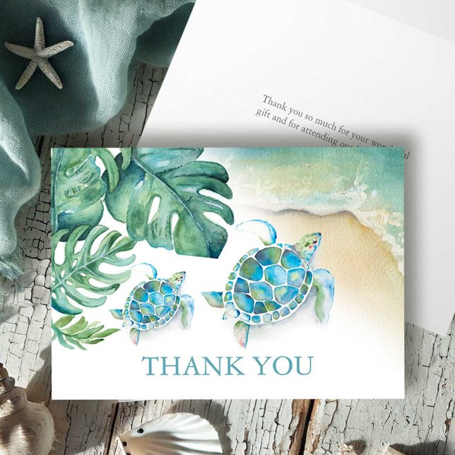 De Agradecimiento Tropical Gracias Tarjeta Tortuga Acuarela Mar (Thank you card features tropical watercolor sea turtle art by Victoria Grigaliunas of DoTellABelle)