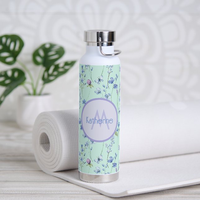 De Agua Bonita Botella Verde Azul Aqua Con Flores Moradas (Yoga)