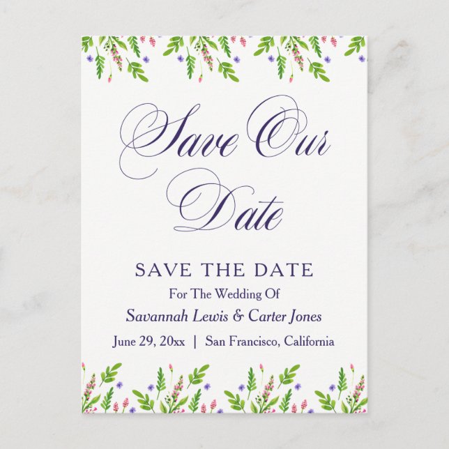 De Anuncios Postal con floral a mano "Save the Date" (Anverso)