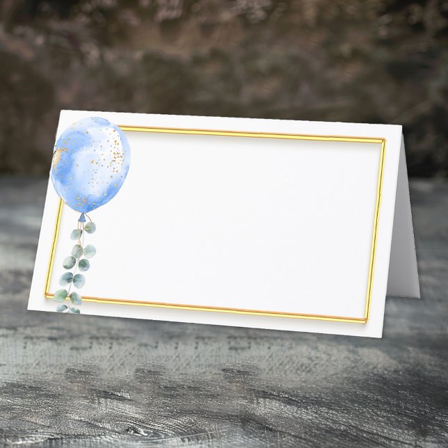 De Asiento Tarjeta Baby Shower Place con globo azul | Marco d (Gold frame balloon place card)