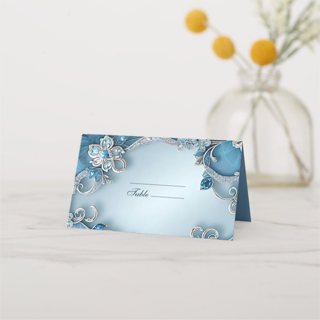 De Asiento Tarjeta Blue Ornate Floral Place (Anverso)