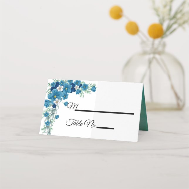 De Asiento Tarjeta romántica Boda floral azul/verde (Anverso)