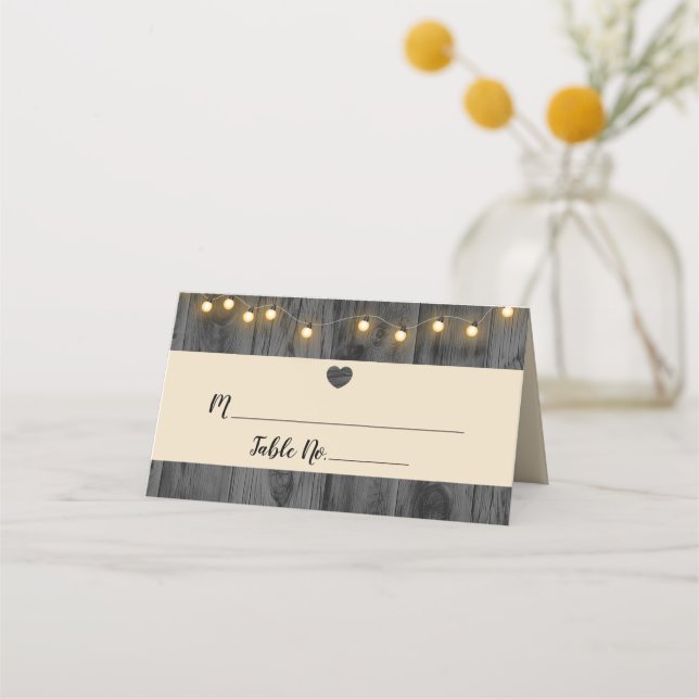 De Asiento Tarjeta Rustic Barn Wood String Light Place (Anverso)