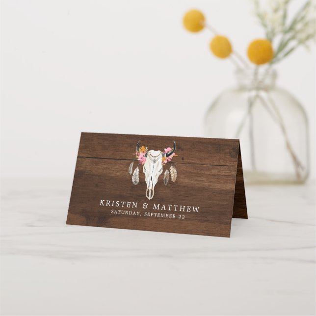 De Asiento Tarjeta Rustic Dark Wood Boho Antler Boda Place (Reverso)
