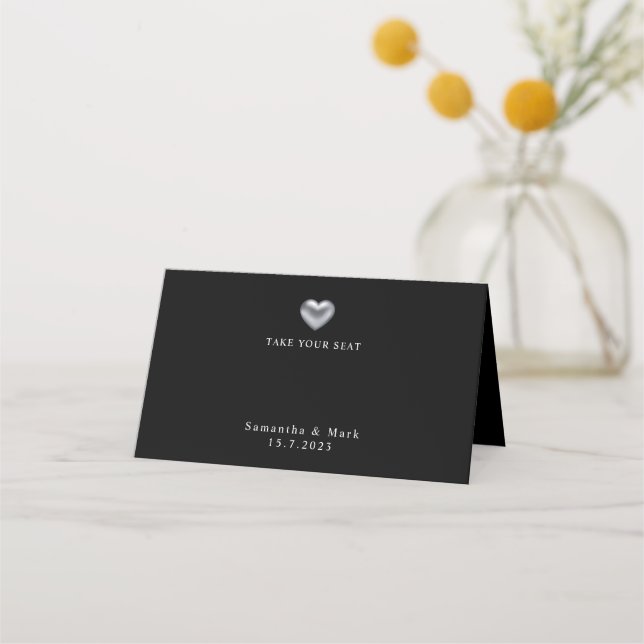 De Asiento Tarjeta simple y moderna Boda Silver Heart Place (Anverso)