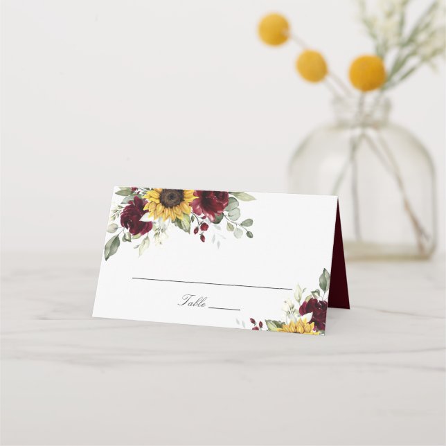 De Asiento Tarjeta Sunflowers Burgundy Floral Boda Place (Anverso)