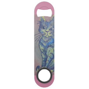 De Bar gato azul en el abrebotellas rosado