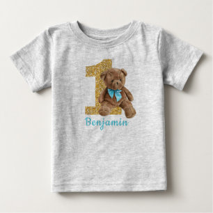 De Bebé Azul y Oro Primer cumpleaños Teddy Bear Camiseta 