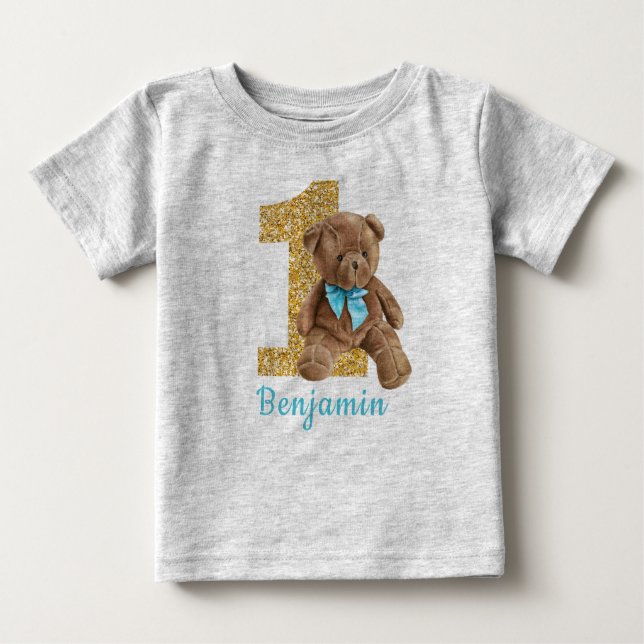De Bebé Azul y Oro Primer cumpleaños Teddy Bear Camiseta b (Anverso)