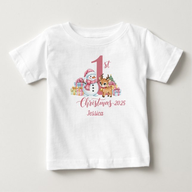 De Bebé Camiseta 1er Navidad rosa personalizable (Anverso)