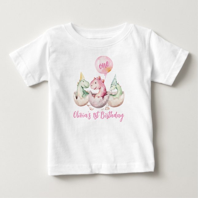 De Bebé Camiseta Cumpleaños 1er Pink Dinosaur (Anverso)