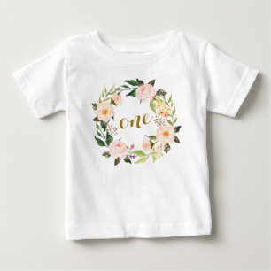 De Bebé Camiseta floral rosada del primer cumpleaños