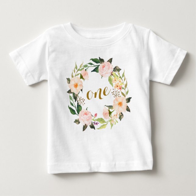 De Bebé Camiseta floral rosada del primer cumpleaños (Anverso)