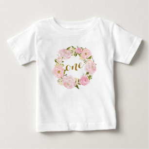 De Bebé Camiseta floral rosada del primer cumpleaños