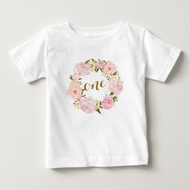 De Bebé Camiseta floral rosada del primer cumpleaños (Anverso)