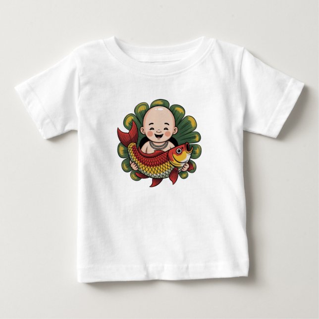 De Bebé Camiseta | Niño Bonito con Koi Afortunado (Anverso)