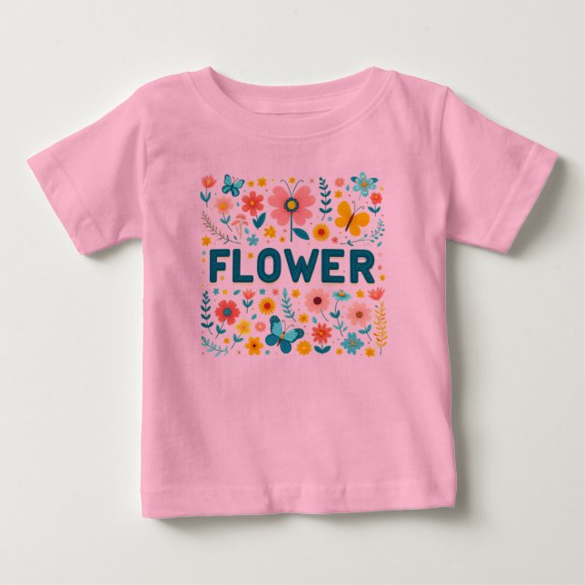 De Bebé Camiseta para niñas con letras y flores cortas (Anverso)