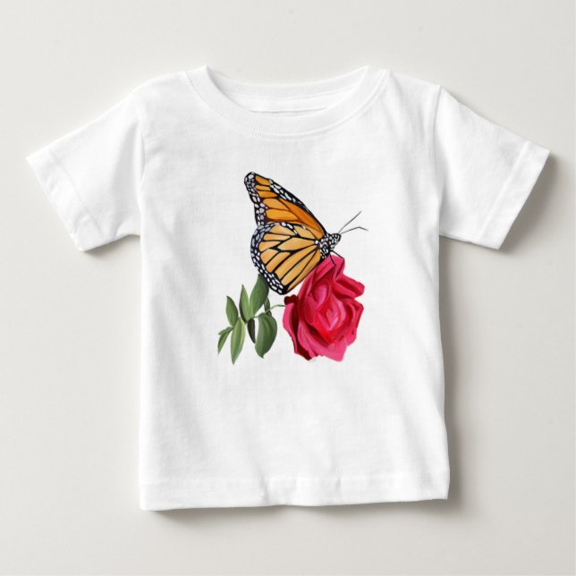 De Bebé Camiseta pequeña con mariposa monarca en rosa roja (Anverso)
