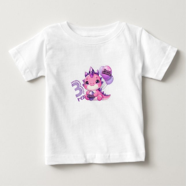 De Bebé Camiseta Pink Dinosaur Three Rex para cumpleaños 3 (Anverso)