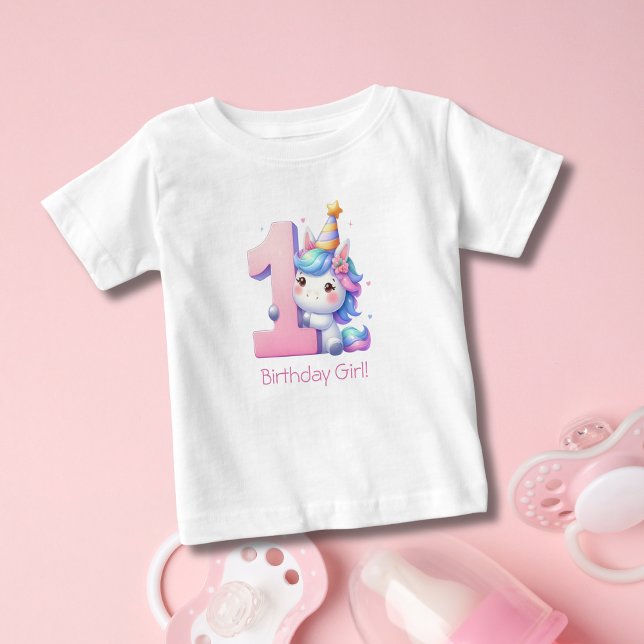De Bebé Camiseta Unicornio Cumpleaños Primera Niña (Unicorn 1st Birthday T-shirt for baby girl. Personalize it with her name or text)
