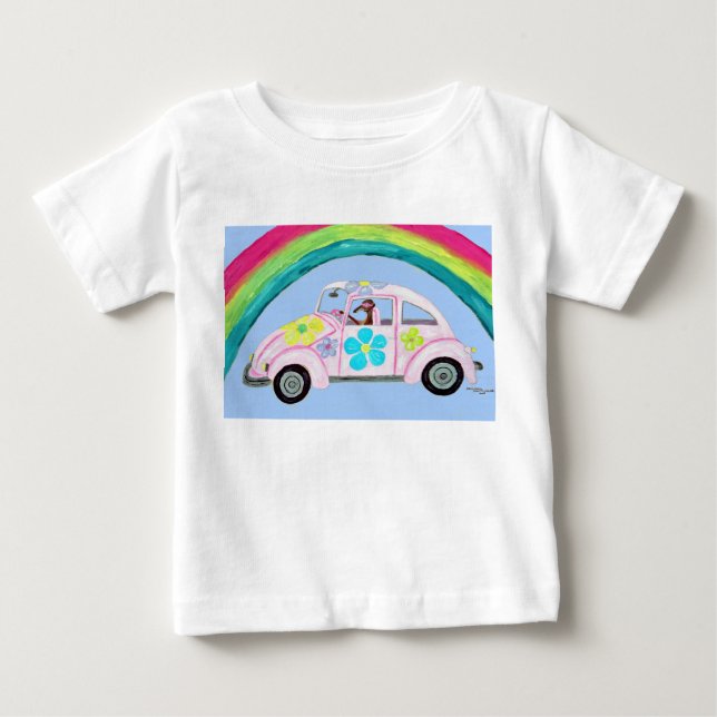 De Bebé Galgo en coche hippie con camiseta arcoíris (Anverso)