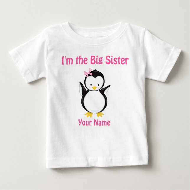 De Bebé Gran Hermana Pingüino Rosa Personalizado Camiseta (Anverso)