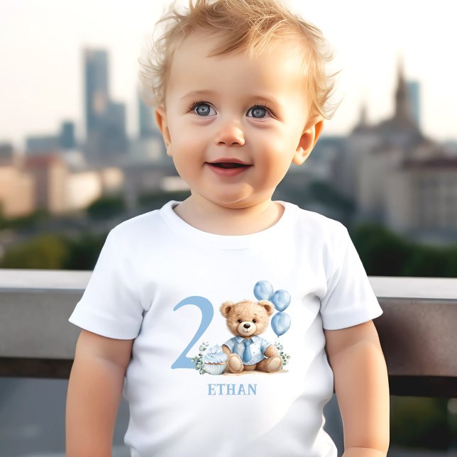 De Bebé Teddy Bear 2do cumpleaños Camiseta del niño pequeñ (Teddy Bear 2nd Birthday Name Blue Toddler T-shir)