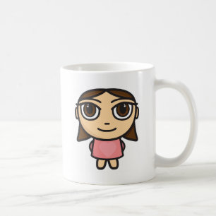 De Café El chica en Rosado-Brunette-Brown observa la taza