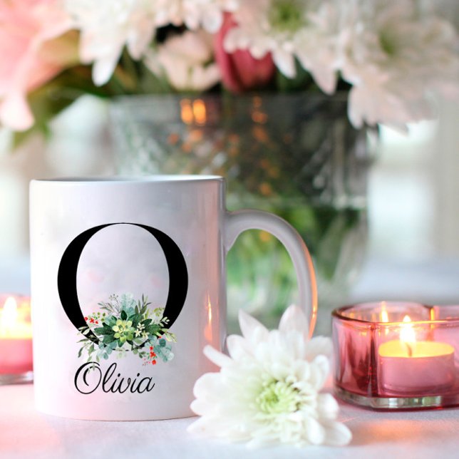 De Café Flores silvestres acuáticas monograma inicial taza (Subido por el creador)