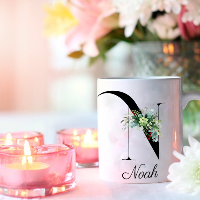 De Café Flores silvestres acuáticas monograma inicial taza (Subido por el creador)