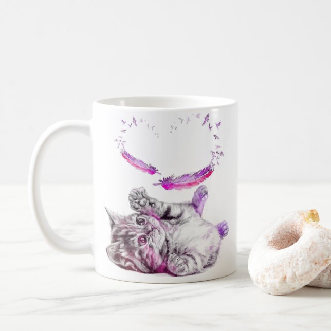 De Café Gato taza corazón pluma (Con donut)