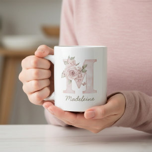 De Café Gigante Taza Femenina con Monograma Floral Rosado - Letra