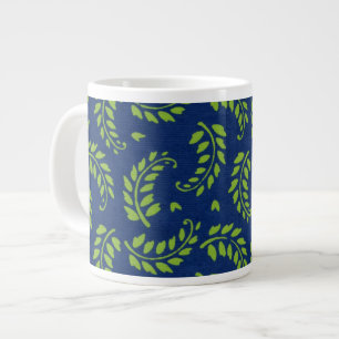 De Café Grande Taza Jumbo Hojas / Frondas Verdes sobre Fondo Azul