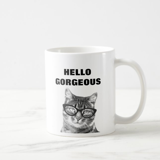 De Café Hola taza blanco y negro magnífica del gato 11oz (Derecha)
