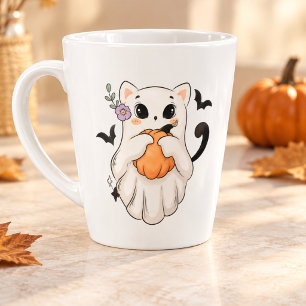 De Café Latte Gato Fantasma Adorable con Calabaza   Taza Espeluz