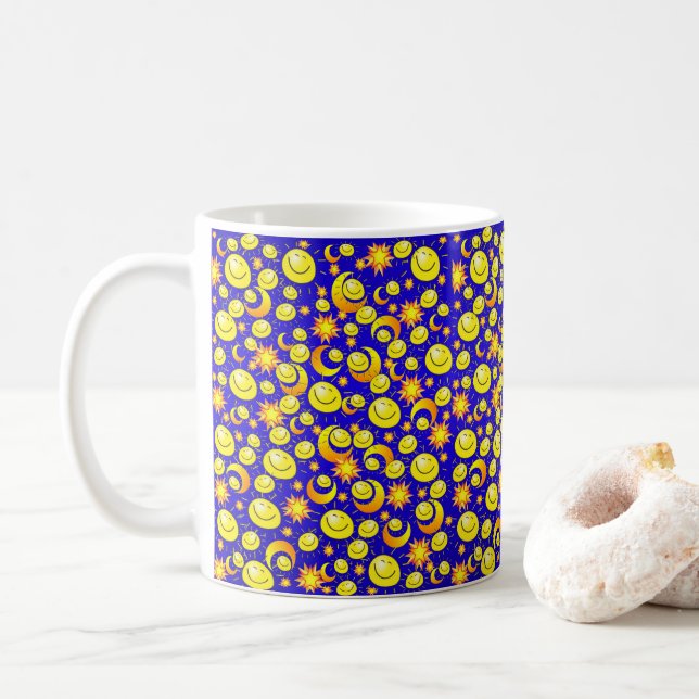 De Café Luna Estrellas Sol Amarillo, Taza Azul (Con donut)