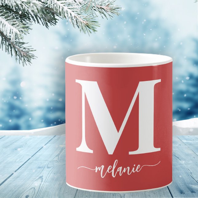 De Café Monograma moderno simple taza blanca roja (Personalize with Your Monogram Initial & Name in Stylish Hand Lettered Script)