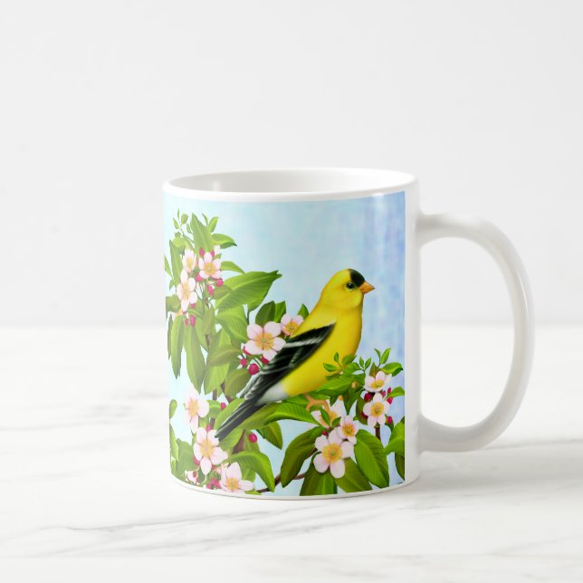 De Café Pájaro americano del Goldfinch en taza del manzano (Derecha)