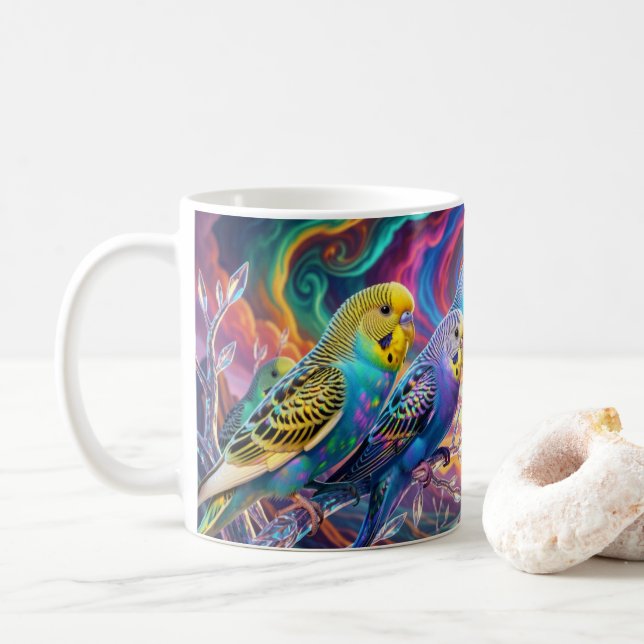 De Café Periquitos vibrantes. Taza (Con donut)
