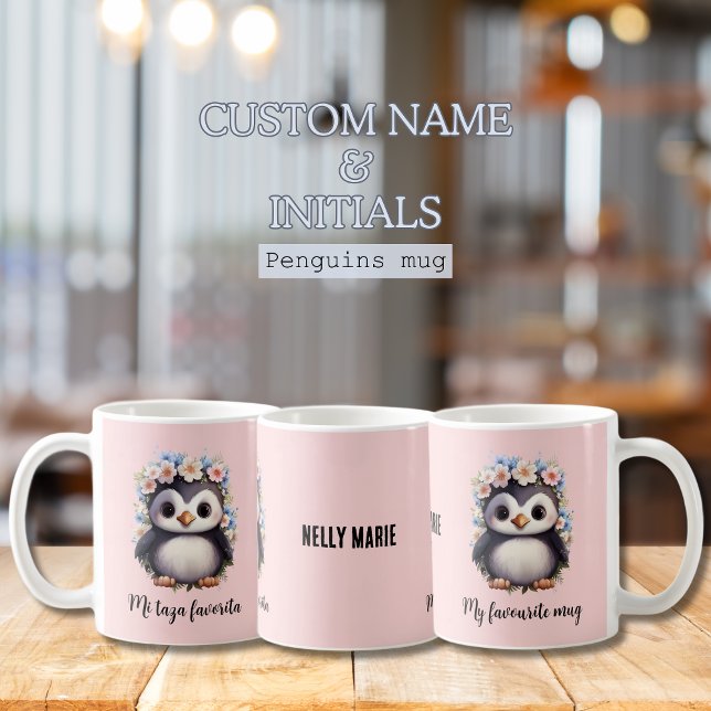 De Café Pingüinos Bilingual Mi Taza Favorita Rosa Español (My favourite mug pink cute penguins, bilingual text, Spanish mi taza favorita. Multilingual project)