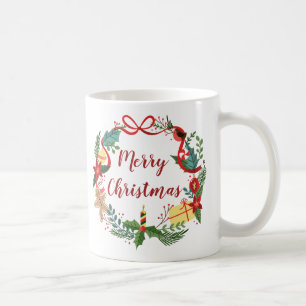 De Café Simple Merry Christmas Wreath Taza blanca clásic