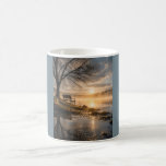De Café “Tarde, Indecisa” Taza Serena Amanecer<br><div class="desc">Comienza tu día con belleza tranquila y reflexión con la taza "La mañana, inexpresada". Este diseño pacífico captura un amanecer dorado sobre una orilla brumosa del lago, donde la luz suave brilla a través de delicadas ramas de árboles y baila sobre el agua. Un banco solitario debajo del árbol invita...</div>