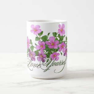 De Café Taza 'Ámate a ti mismo' con flores botánicas púrpu