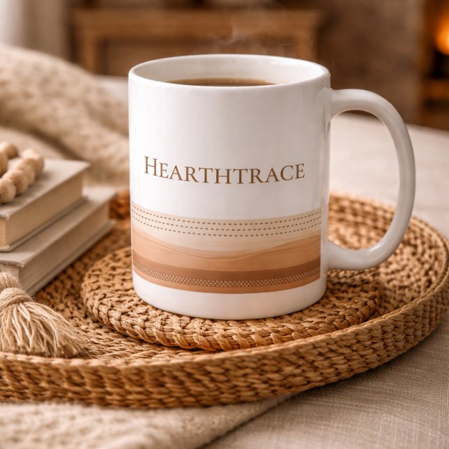 De Café Taza clásica Hearth Stitch Lines, 11 oz (White mug with stitched brown dash lines, made for calm mornings and soft kitchen tones)