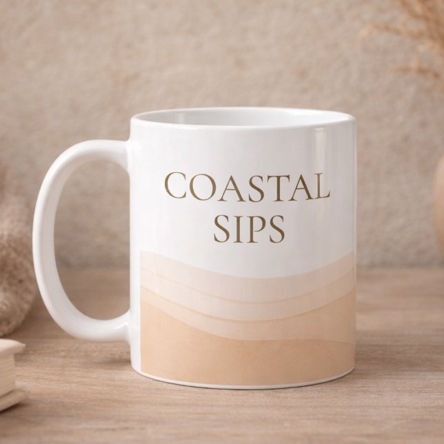 De Café Taza clásica Neutral Coastal Sips, 11 oz (White and taupe coastal coffee accent with clean serif quote detail)