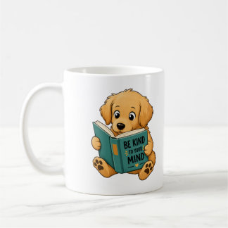 De Café Taza con adorable Golden Retriever leyendo un libr