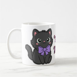De Café Taza con gato gris esponjoso kawaii lindo con lazo