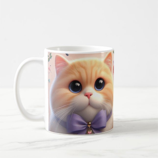 De Café Taza con gato lindo con lazo morado (Izquierda)