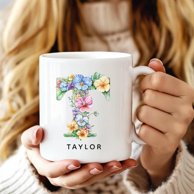De Café Taza con Monograma Floral Personalizado Regalo par (floral alphabet mug gift for her, custom mug birthday gift wife, floral monogram graduation for girl)