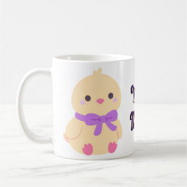 De Café Taza con pollito bebé sentado kawaii con lazo púrp